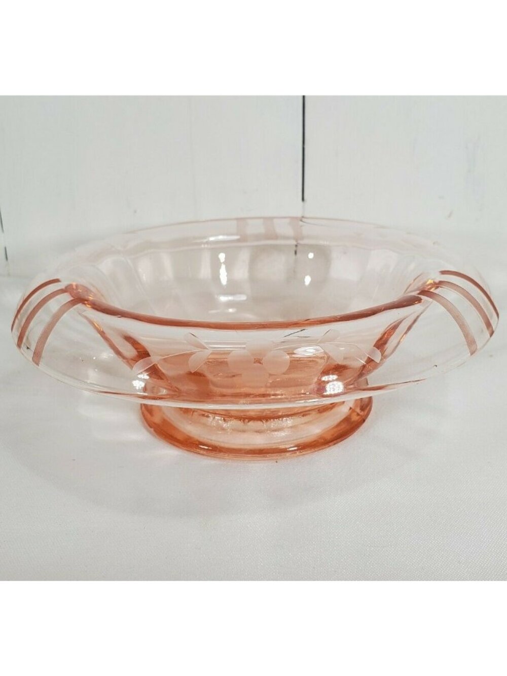 Pink Depression Glass Bowl etched rolled rim 7.5" stripes floral garland vintage